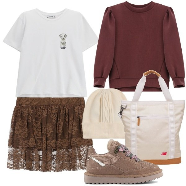 Outfit donna - Pizzo e sporty. Stile Sporty chic per Tutti i giorni. Abbinamento con shopping bag, t-shirt, felpe, cappelli, minigonne, sneakers alte.