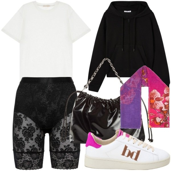 Outfit donna - Pizzo e sporty. Stile Sporty chic per Tutti i giorni. Abbinamento con pantaloni corti, shopping bag, felpe con cappuccio, t-shirt, sneakers, foulard.