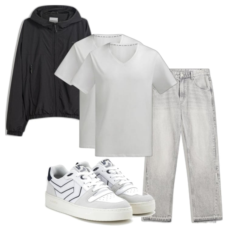 Outfit hombre - Basic look. Estilo Casual para Todos los días. Combinación con sneakers, camiseta, chaquetas, vaqueros rectos.