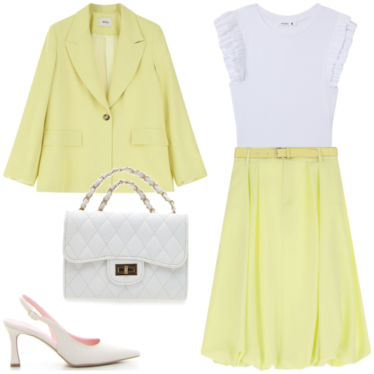 Outfit donna - Autunno in giallo. Stile Casual chic per Tutti i giorni. Abbinamento con t-shirt, blazer, gonne longuette, borse a tracolla, décolleté.
