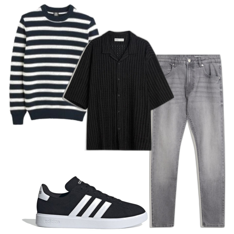 Outfit hombre - Urban style. Estilo Urban para Todos los días. Combinación con prendas de punto, sneakers, vaqueros pitillo, camisas de manga corta.