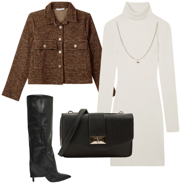 Outfit donna - Terranova autunno. Stile Casual per Serata fuori. Abbinamento con blazer, vestiti corti, borse a tracolla, stivali, collane.