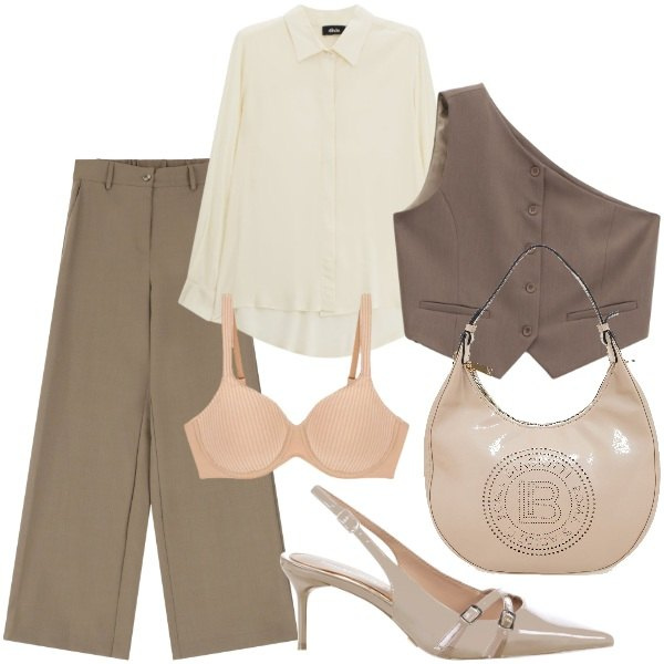 Outfit donna - Torno in ufficio. Stile Mannish per Ufficio. Abbinamento con décolleté, gilet, pantaloni a palazzo, camicie, reggiseni, borse a spalla.