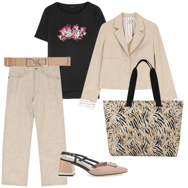Outfit donna - Torno in ufficio. per Ufficio. Abbinamento con cinture, blazer, pantaloni, shopping bag, décolleté, t-shirt.