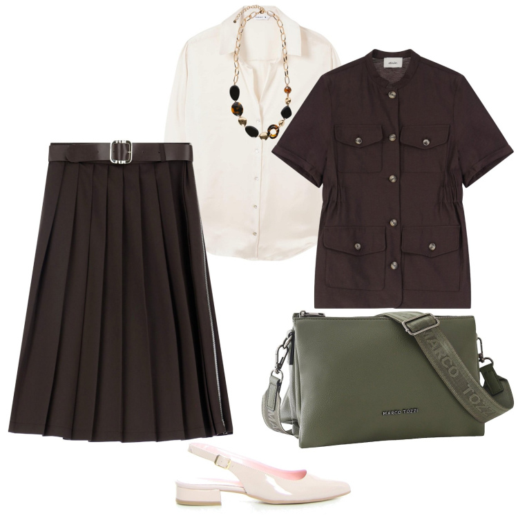 Outfit donna - Camicia bianca in ufficio. per Ufficio. Abbinamento con borse a tracolla, camicie, gonne longuette, gilet, collane, décolleté.