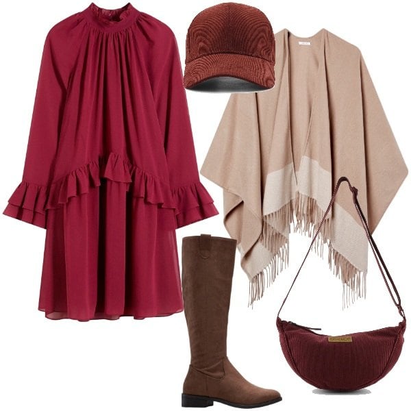 Outfit donna - Autunno. Stile Trendy per Tutti i giorni. Abbinamento con stivali, vestiti, cappe, cappelli, borse a tracolla.