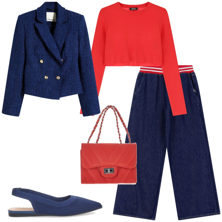 Outfit donna - Rosso e blu. Stile Bon Ton per Ufficio. Abbinamento con blazer, jeans, pullovers, ballerine, borse a tracolla.