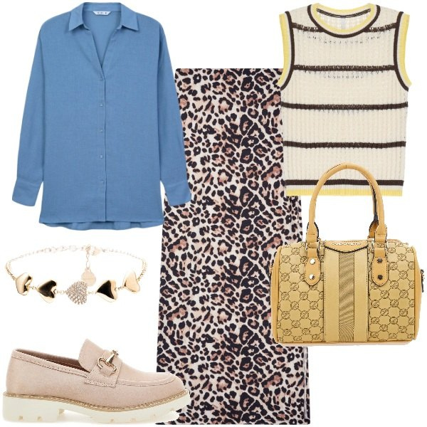 Outfit donna - Mix in città. Stile Trendy per Tutti i giorni. Abbinamento con gonne lunghe, camicie, top, braccialetti, mocassini, borse a spalla.