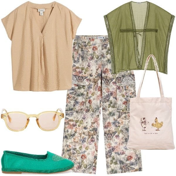 Outfit donna - Mix in città. Stile Trendy per Scuola/Università. Abbinamento con tuniche, shopping bag, pantaloni cargo, occhiali da sole, gilet, ballerine.