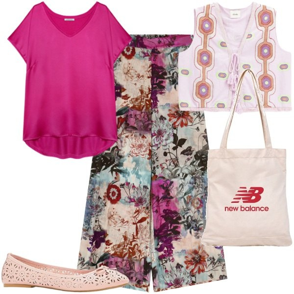 Outfit donna - Ispirazione orientale. Stile Etnico per Tutti i giorni. Abbinamento con ballerine, shopping bag, pantaloni, gilet, t-shirt.