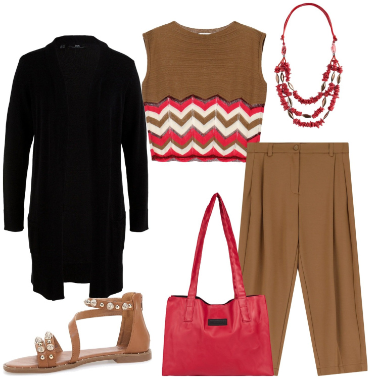 Outfit donna - Total look #2243844. Stile Casual chic per Tutti i giorni. Abbinamento con cardigans, maglieria, pantaloni, shopping bag, collane, sandali.