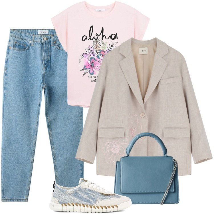 Outfit donna - Total look #2243846. Stile Boho per Ufficio. Abbinamento con jeans mom, t-shirt, borse a tracolla, blazer, sneakers.