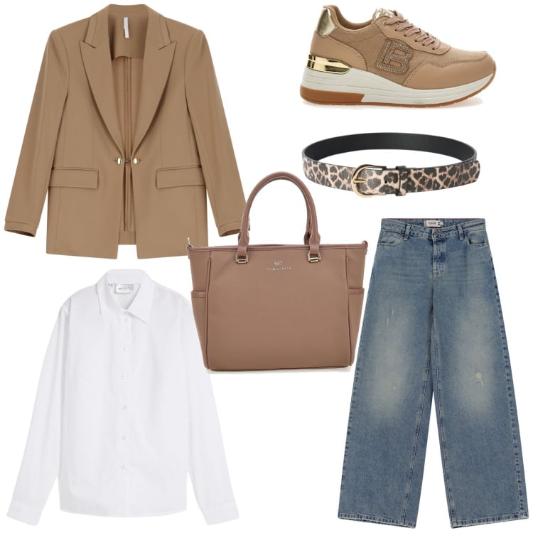 Outfit donna - Back to work. Stile Glamour per Ufficio. Abbinamento con camicie, cinture, jeans, blazer, sneakers, borse a tracolla.
