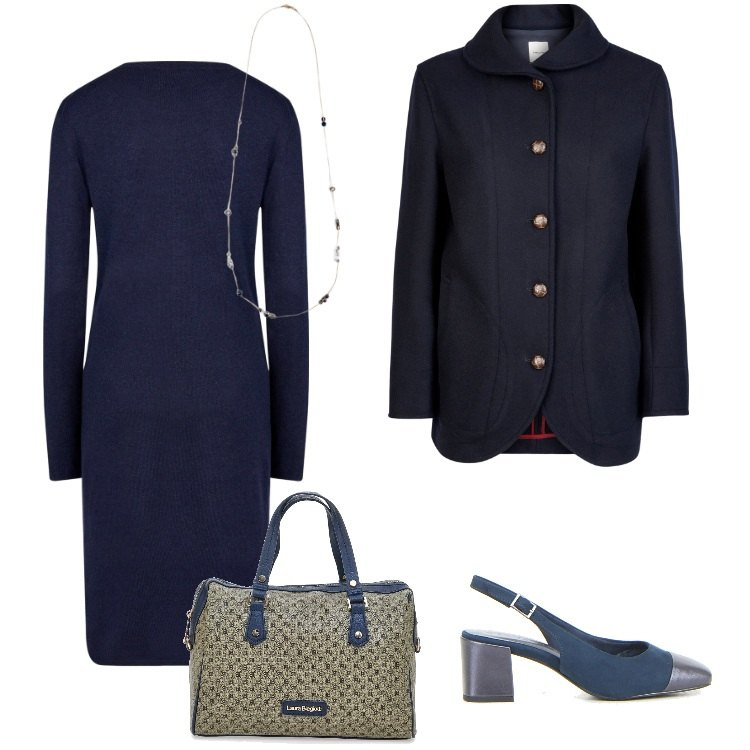 Outfit donna - Total look #2243861. Stile Casual chic per Ufficio. Abbinamento con vestiti midi/longuette, collane, blazer, borse a spalla, décolleté.