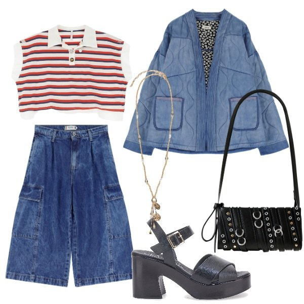 Outfit donna - Striped polo very cool. Stile Urban per Tutti i giorni. Abbinamento con borse a spalla, bermuda, polo, blazer, sandali col tacco, ciondoli.