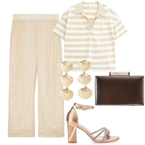 Outfit donna - La polo per la sera. Stile Glamour per Serata fuori. Abbinamento con orecchini, clutch, polo, pantaloni, sandali col tacco.