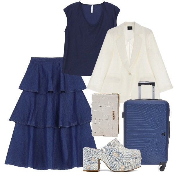 Outfit donna - Partenza cool. Stile Urban per Tutti i giorni. Abbinamento con gonne lunghe, top, blazer, sabot, portafogli, valigie.
