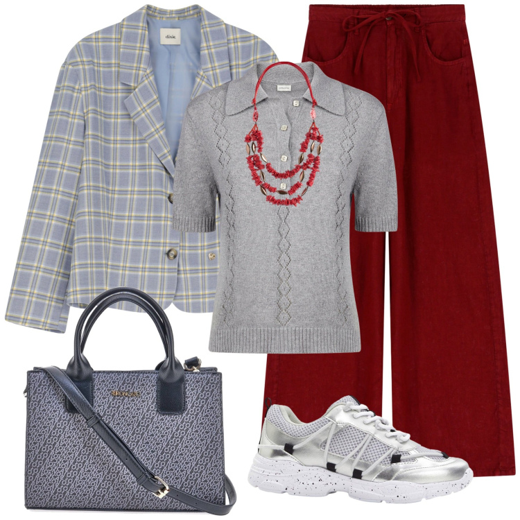 Outfit donna - Pomeriggio con amici. Stile Sporty chic per Tutti i giorni. Abbinamento con sneakers, pantaloni, blazer, borse a tracolla, polo, collane.