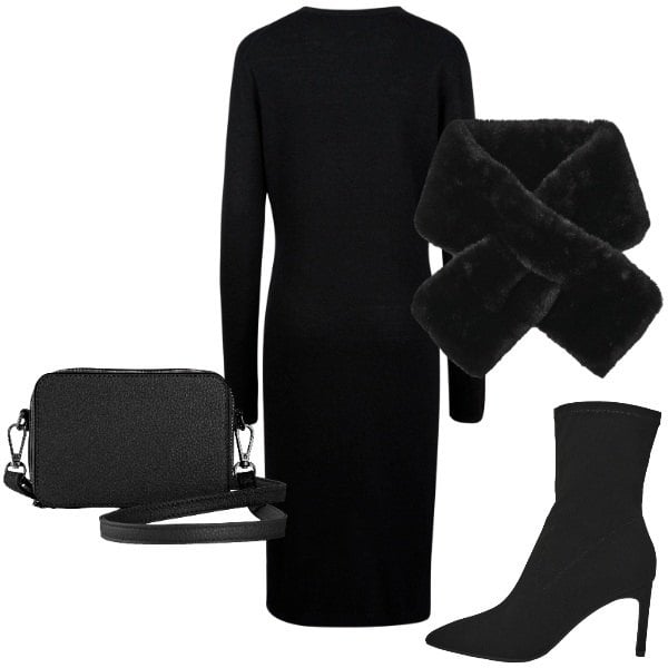 Outfit donna - Non il solito nero. Stile Chic per Serata fuori. Abbinamento con borse a tracolla, stivali, sciarpe, vestiti midi/longuette.