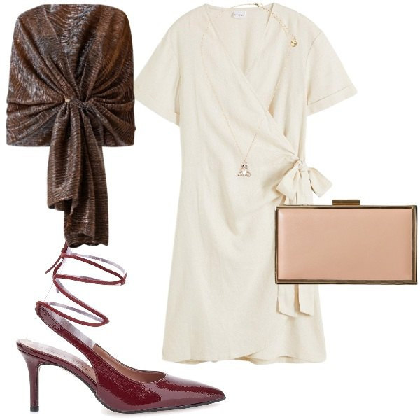 Outfit donna - Vestito annodato. Stile Chic per Cerimonia. Abbinamento con vestiti, pochette, stole, ciondoli, décolleté.