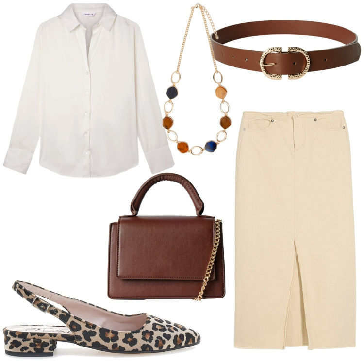 Outfit donna - Camicia bianca e gonna midi. Stile Chic per Tutti i giorni. Abbinamento con gonne, borse a tracolla, cinture, camicie, collane, ballerine.