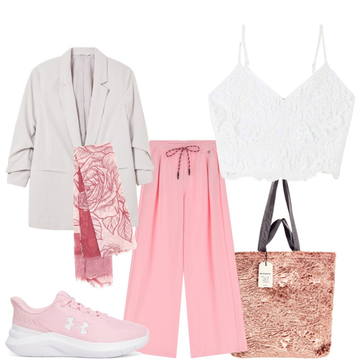 Outfit donna - Top pizzo e sporty chic. Stile Sporty chic per Tutti i giorni. Abbinamento con top, blazer, borse tote, pantaloni sportivi, foulard, scarpe sportive.