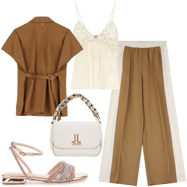 Outfit donna - Color tabacco e panna. Stile Trendy per Tutti i giorni. Abbinamento con camicie, pantaloni, top, sandali, borse a tracolla.