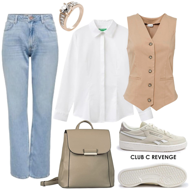 Outfit femme - Mounia. Style Basique pour Tous les jours. Assortir avec bagues, gilets sans manche, sneakers, jean coupe droite, chemisiers, sacs à dos.