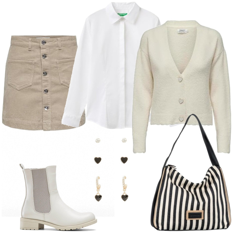 Outfit femme - Allison. Style Bon Ton pour Bureau. Assortir avec bottes, chemisiers, gilets, boucles d'oreilles, minijupes, sacs à main.
