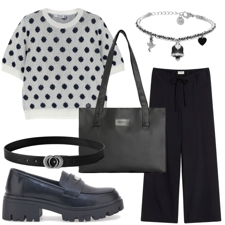 Outfit donna - Rientro a pois. Stile Trendy per Ufficio. Abbinamento con pantaloni a palazzo, cinture, maglieria, shopping bag, braccialetti, mocassini.