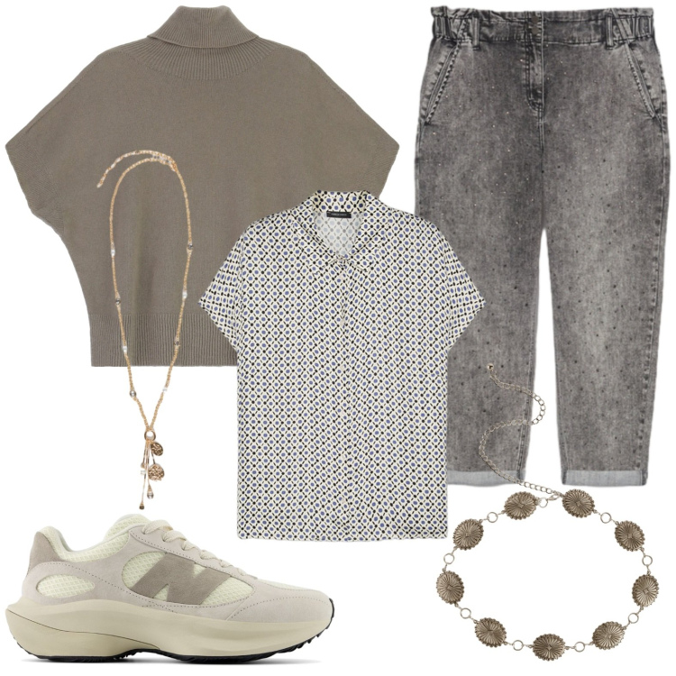 Outfit donna - Sprint tra grigio e tortora. Stile Urban per Ufficio. Abbinamento con cinture, sneakers, maglieria, jeans, camicie a manica corta, ciondoli.