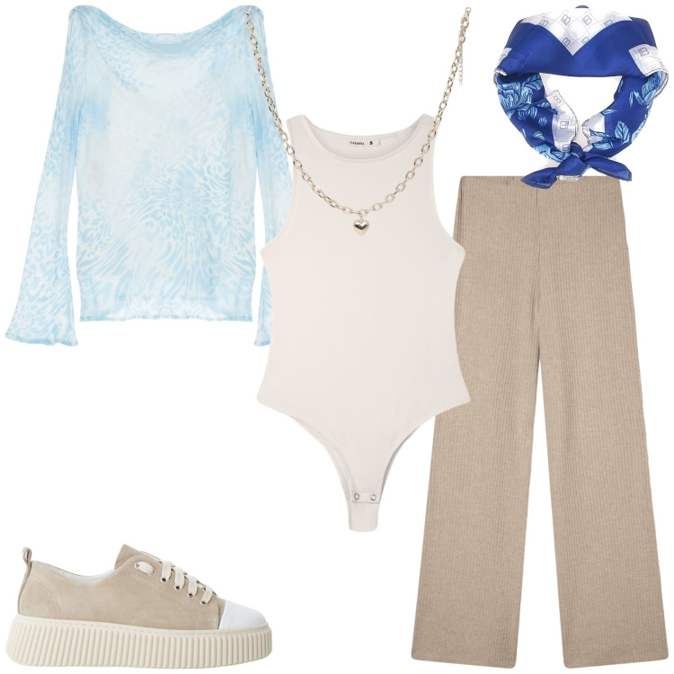 Outfit donna - Total look #2243913. Stile Urban per Tutti i giorni. Abbinamento con collane, pantaloni, body, sneakers, maglieria, foulard.