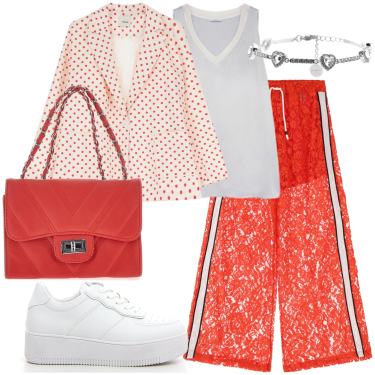 Outfit donna - In rosso e pizzo. Stile Romantica per Serata fuori. Abbinamento con braccialetti, blazer, pantaloni, borse a tracolla, top, sneakers.