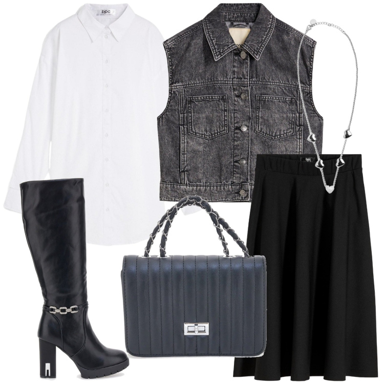Outfit donna - Il lato rock della camicia bianca. Stile Rock per Tutti i giorni. Abbinamento con gonne longuette, gilet, camicie, collane, stivali, borse a tracolla.