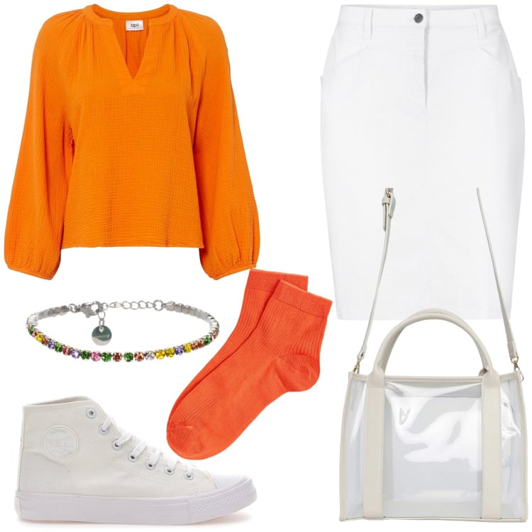 Outfit donna - Vitamina C. Stile Trendy per Ufficio. Abbinamento con gonne, bluse, borse tote, braccialetti, collant, sneakers.