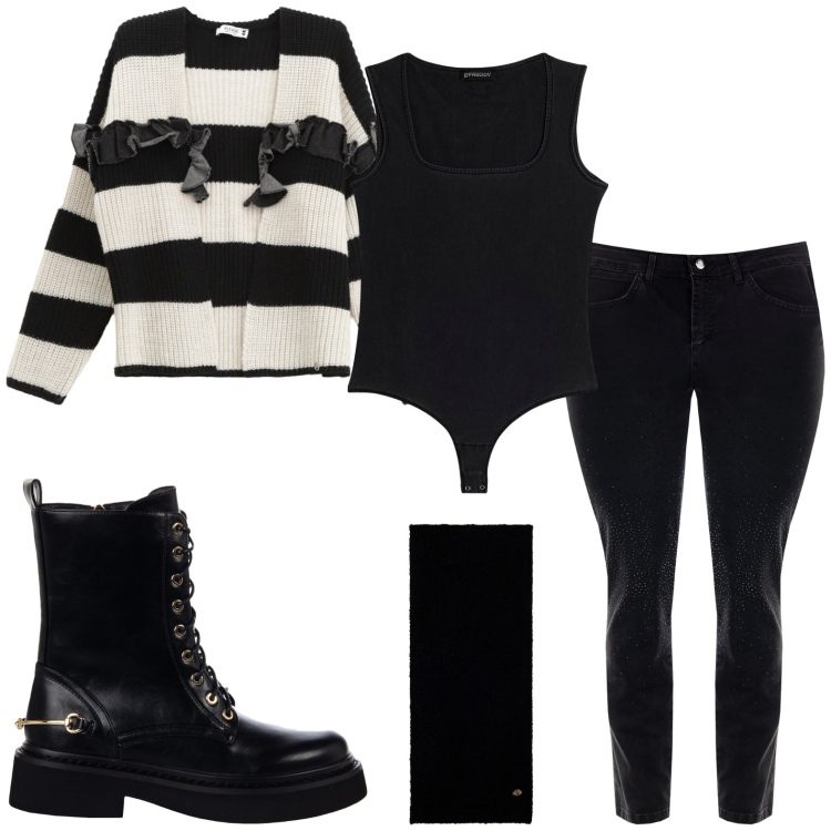 Outfit donna - Lunedì. Stile Casual per Ufficio. Abbinamento con anfibi, jeans skinny, cardigans, body, sciarpe.
