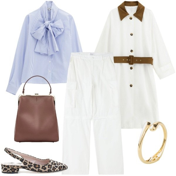 Outfit donna - La camicia con il fiocco. Stile Bon Ton per Ufficio. Abbinamento con braccialetti, pantaloni cargo, camicie, cappotti, ballerine, borse a spalla.