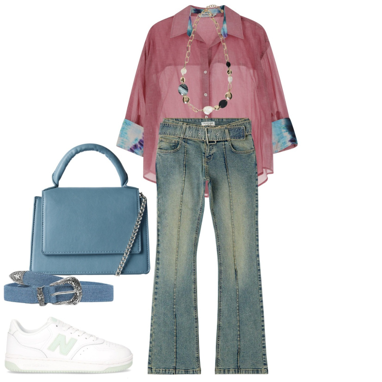 Outfit donna - Total look #2243930. Stile Casual per Ufficio. Abbinamento con jeans a zampa, cinture, borse a tracolla, camicie, collane, sneakers.