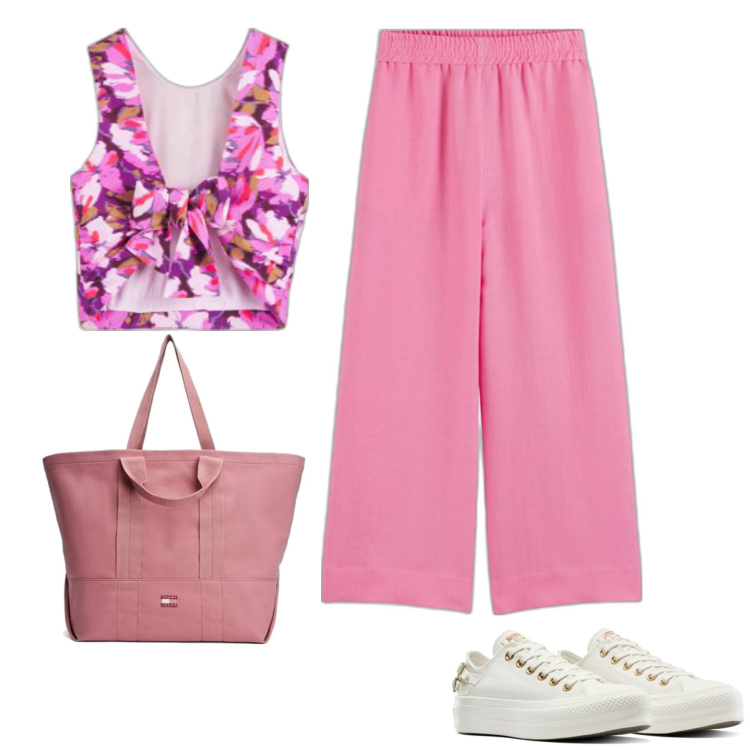 Outfit mujer - Sporty chic #3027. Estilo Sporty chic para Todos los días. Combinación con top, bolso tote, sneakers, pantalones palazzo.