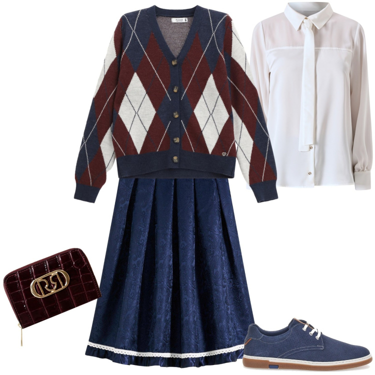 Outfit donna - Total look #2243938. Stile Preppy per Scuola/Università. Abbinamento con gonne, portafogli, camicie, cardigans, scarpe stringate.