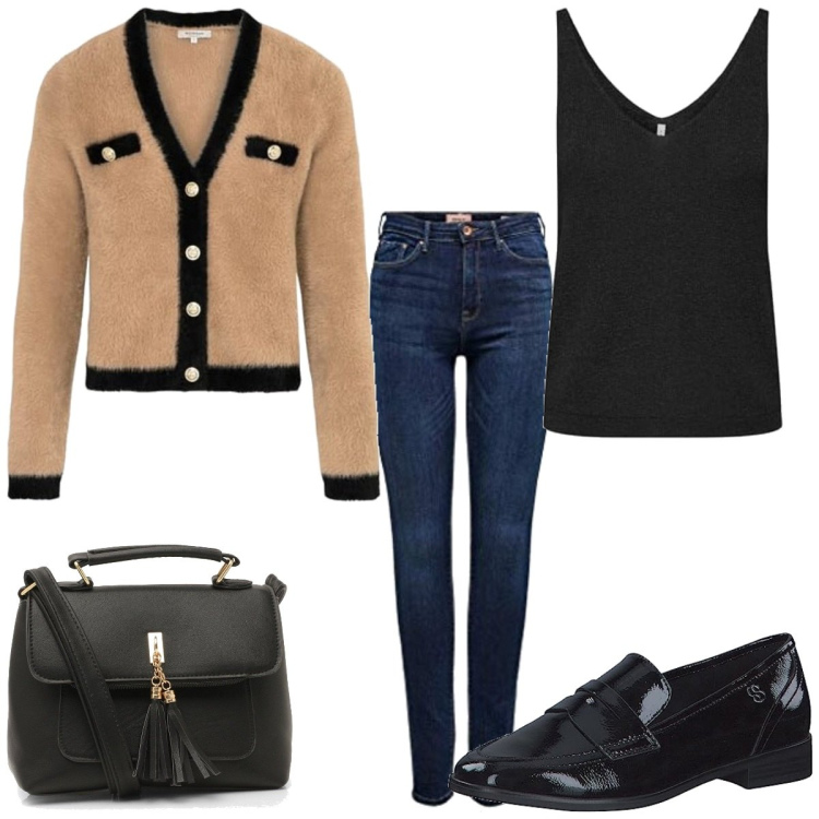 Outfit femme - Retour au bureau. Style Tendance pour Tous les jours. Assortir avec gilets sans manche, jean skinny, sacs en bandoulière, mocassins, hauts.