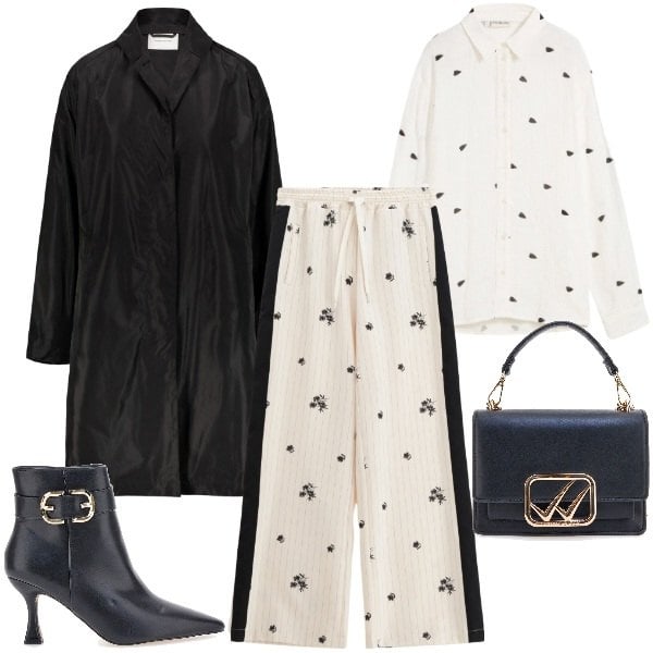 Outfit donna - Fiorellini delicati per inizio autunno. Stile Trendy per Ufficio. Abbinamento con camicie, pantaloni, stivaletti, trench, borse a tracolla.