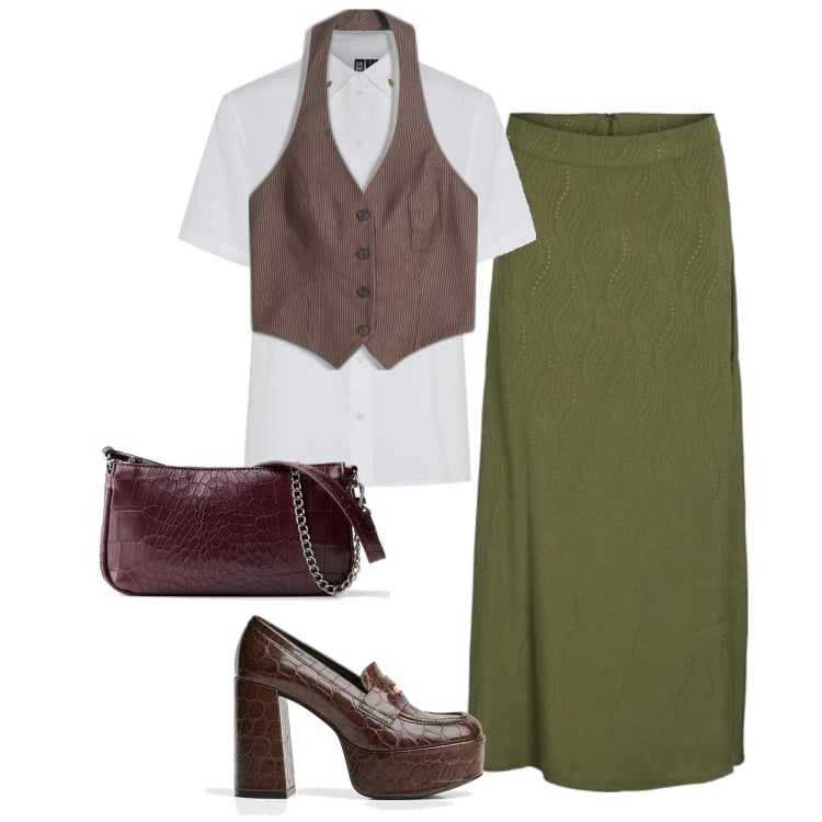 Outfit mujer - Casual chic #14989. Estilo Casual chic para Todos los días. Combinación con falda longuette, mocasines, chalecos, bolsos de mano, camisas de manga corta.