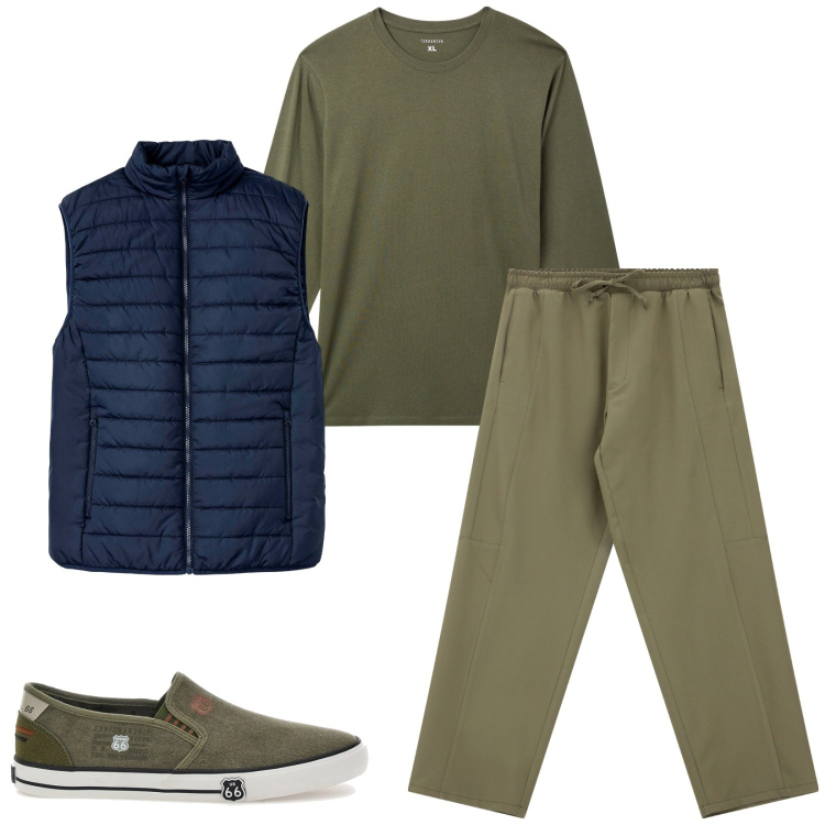 Outfit uomo - Total look #2243948. Stile Casual per Tutti i giorni. Abbinamento con gilet, t-shirt, pantaloni cargo, scarpe stringate.