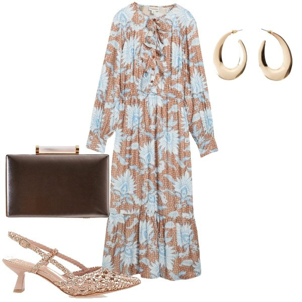 Outfit donna - Cerimonia a settembre. Stile Chic per Cerimonia. Abbinamento con vestiti lunghi, orecchini, clutch, sandali col tacco.