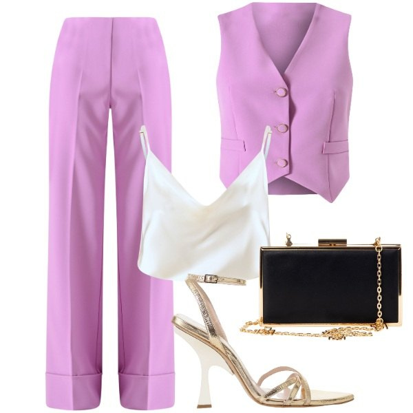 Outfit donna - Matrimonio a settembre, invitata. Stile Chic per Cerimonia. Abbinamento con gilet, pochette, canottiere, pantaloni a palazzo, sandali col tacco.