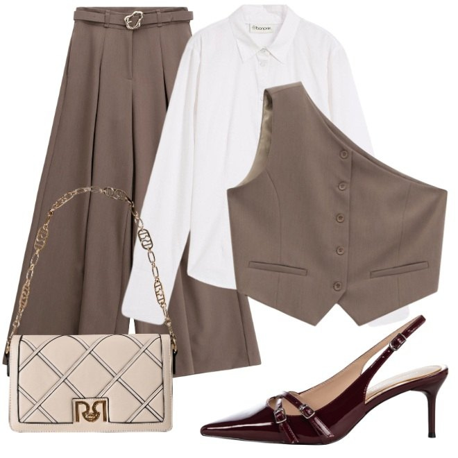 Outfit donna - Riunione di lavoro. Stile Bon Ton per Tutti i giorni. Abbinamento con camicie, décolleté, borse a tracolla, pantaloni, gilet.