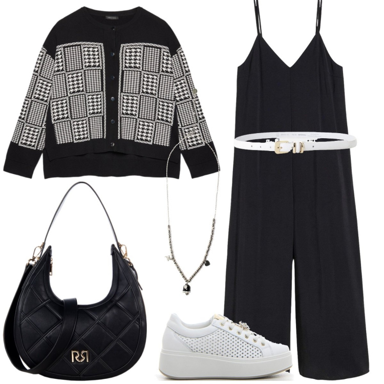 Outfit donna - Dinamica. Stile Casual chic per Tutti i giorni. Abbinamento con tute, borse a tracolla, cinture, ciondoli, cardigans, sneakers.