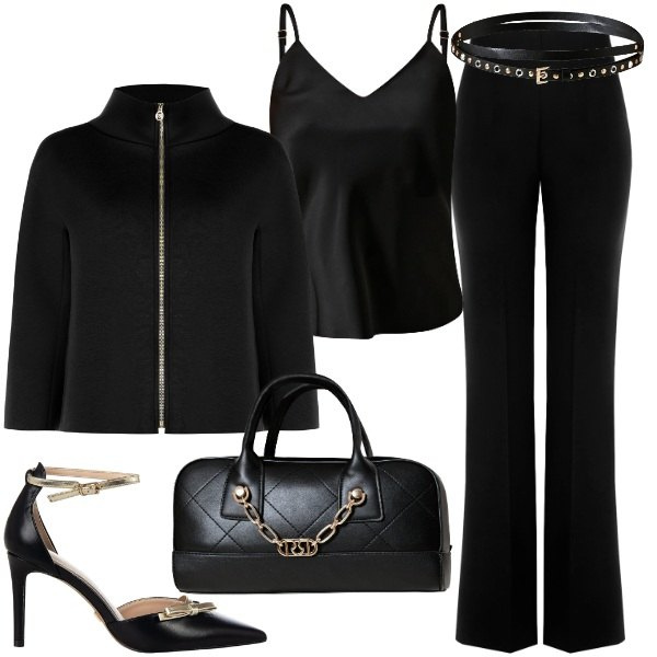 Outfit donna - Rinascimento total black. Stile Trendy per Serata fuori. Abbinamento con pantaloni, cappe, top, décolleté, cinture, borse a mano.