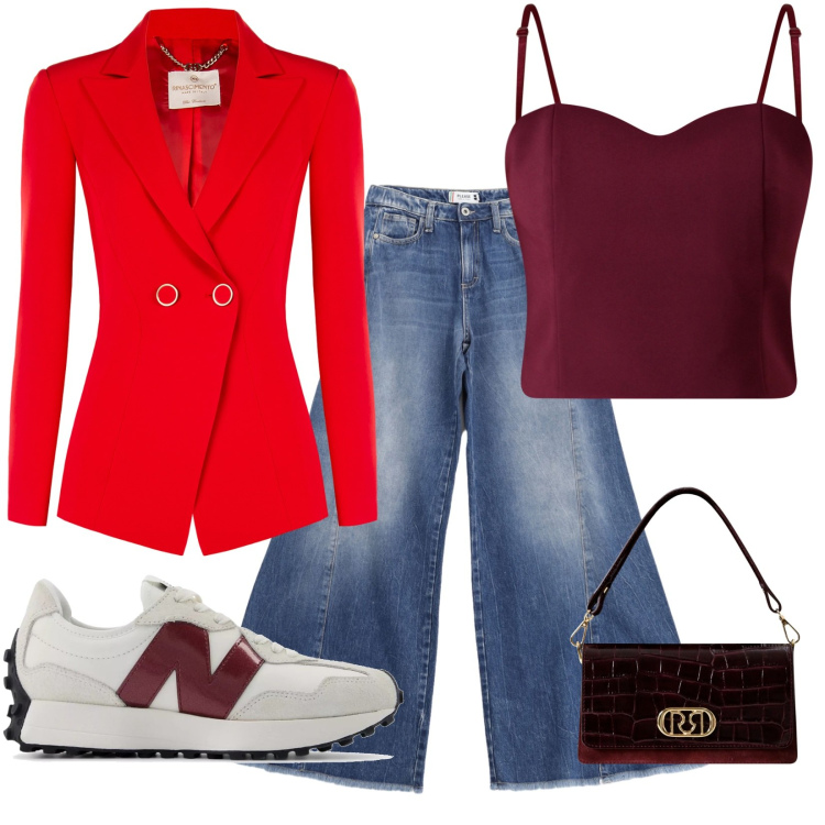 Outfit donna - Red coat. Stile Casual chic per Tutti i giorni. Abbinamento con sneakers, blazer, top, borse a mano, jeans a zampa.